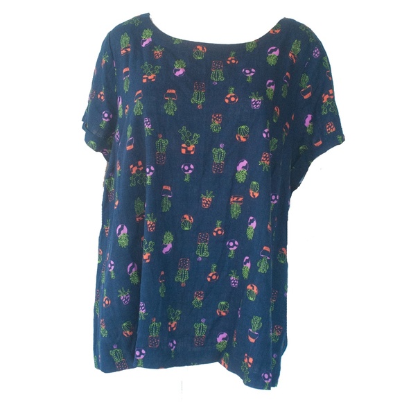 Modcloth 3X Navy Blue Cactus Plant Print Linen Blend Top - Picture 1 of 8